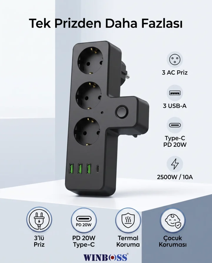 WINNBOSS 3397 2500W Termal Akım Korumalı 3'lü Priz – 3 USB, Type-C PD 20W