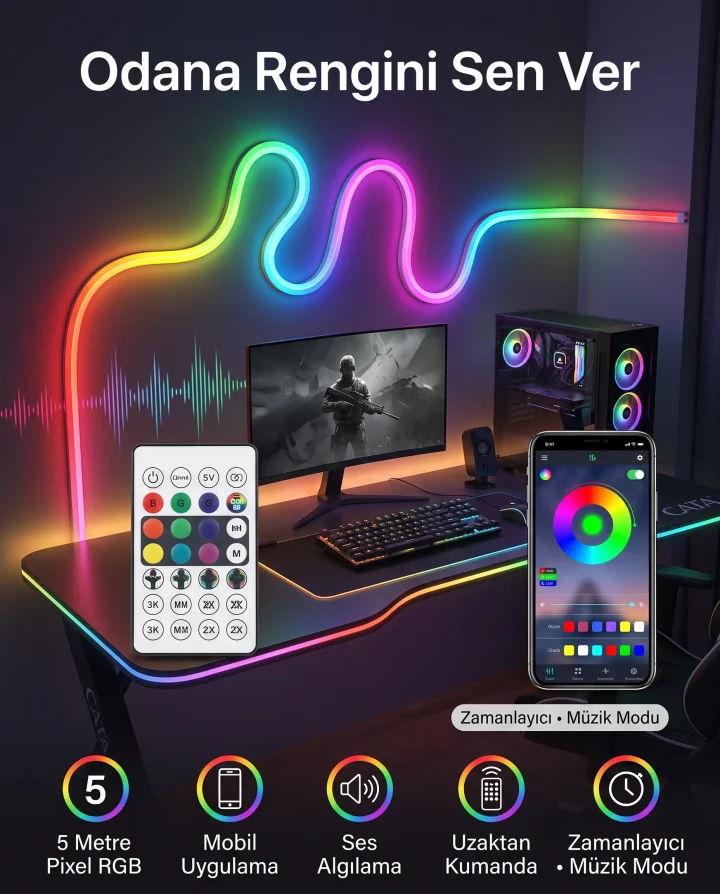 Cata 5 Metre RGB Akıllı Pixel Neon LED Set - Uygulama ve Kumanda Kontrollü