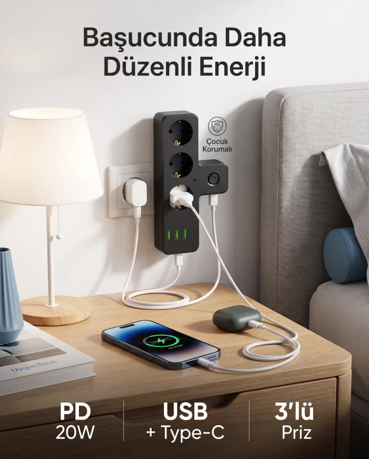 WINNBOSS 3397 2500W Termal Akım Korumalı 3'lü Priz – 3 USB, Type-C PD 20W