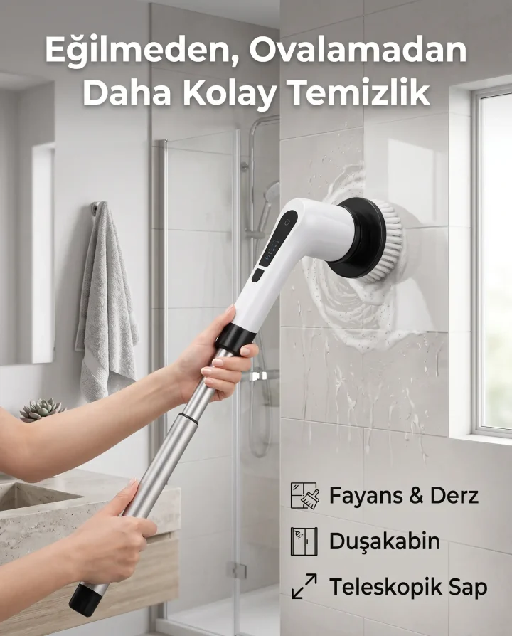 9'u 1 Arada 25W Şarjlı Teleskopik Elektrikli Döner Temizlik Fırçası