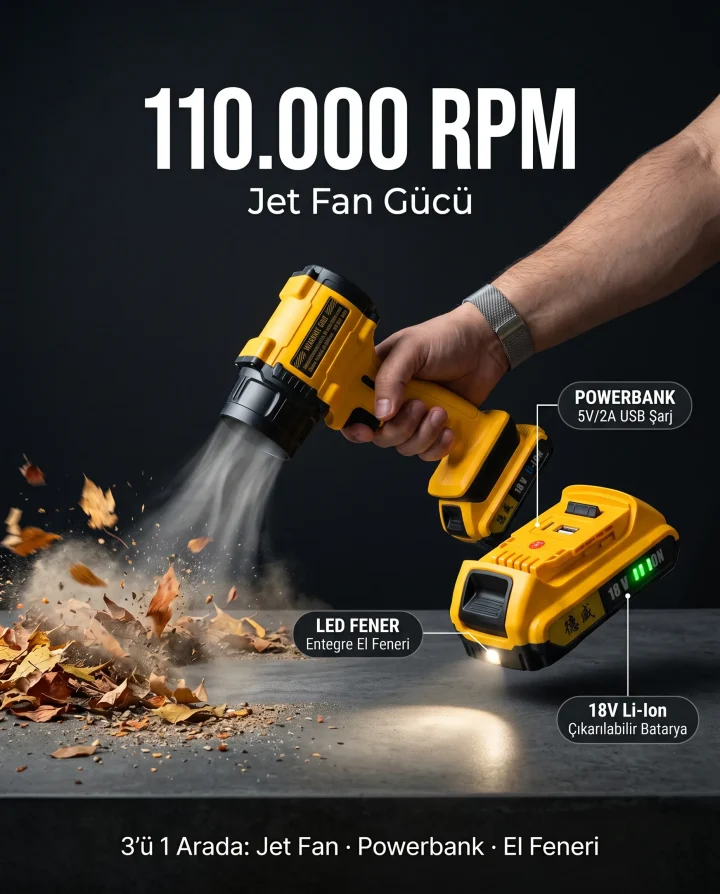 Violent Fan F-018 Şarjlı Jet Fan | 110.000 RPM | USB Powerbank + LED Fener