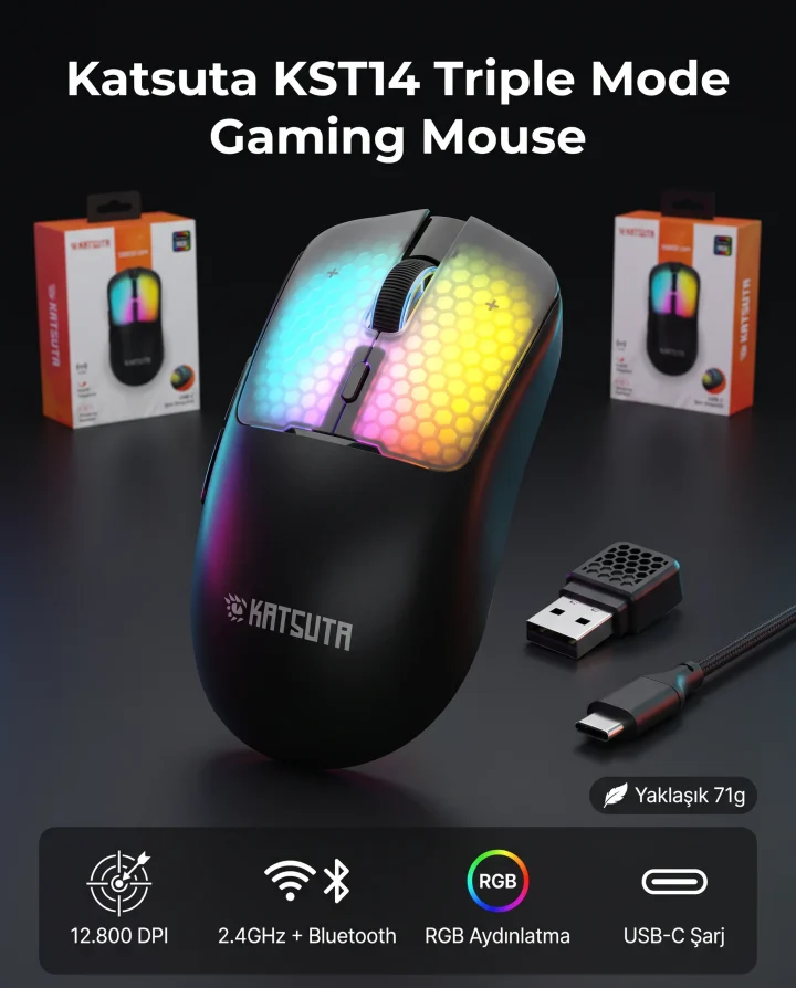Katsuta KST14 12.800 DPI RGB Makrolu Triple Mode Şarjlı Gaming Mouse