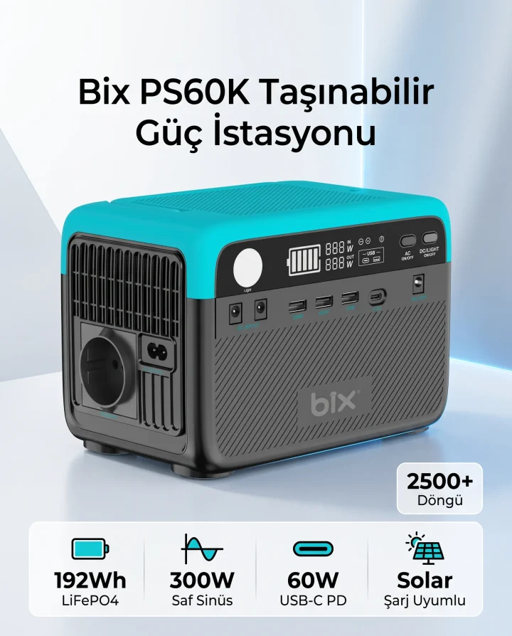 Bix PS60K 192Wh 300W LiFePO4 Saf Sinüs Taşınabilir Güç İstasyonu