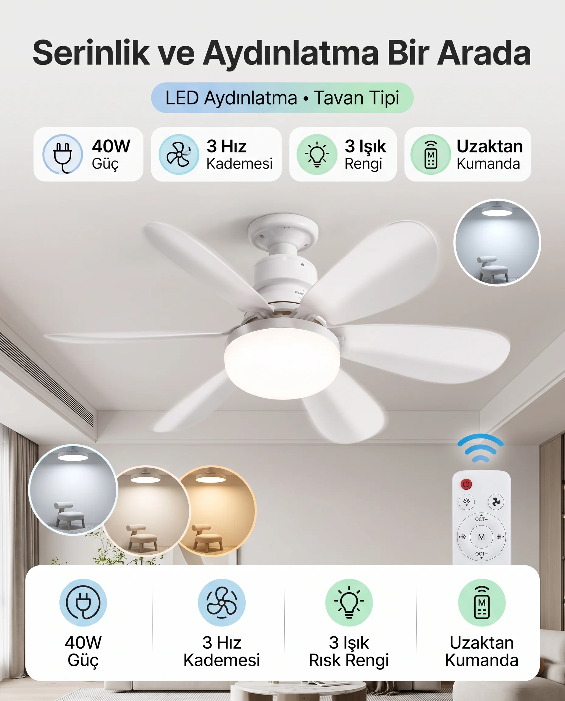 40W Kumandalı LED Aydınlatmalı Tavan Vantilatörü – 3 Hız, 3 Renk Işık