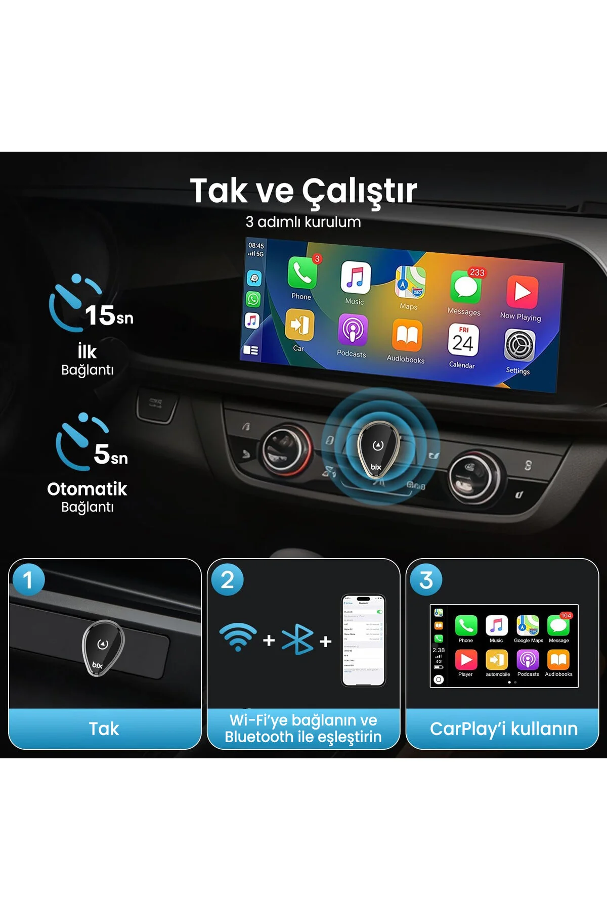 Bix CB01 Kablosuz CarPlay ve Android Auto Adaptörü 2.4G/5G WiFi USB Dönüştürücü