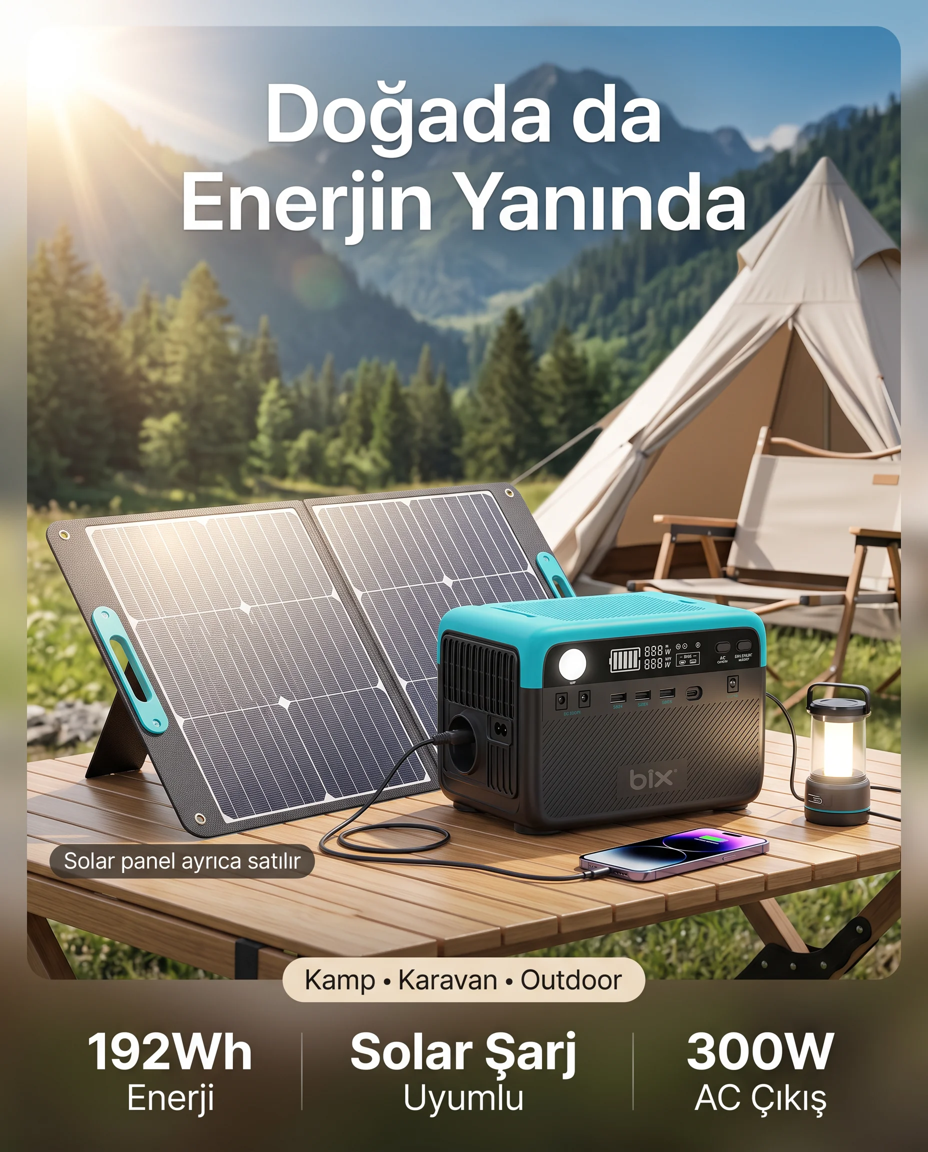 Bix PS60K 192Wh 300W LiFePO4 Saf Sinüs Taşınabilir Güç İstasyonu