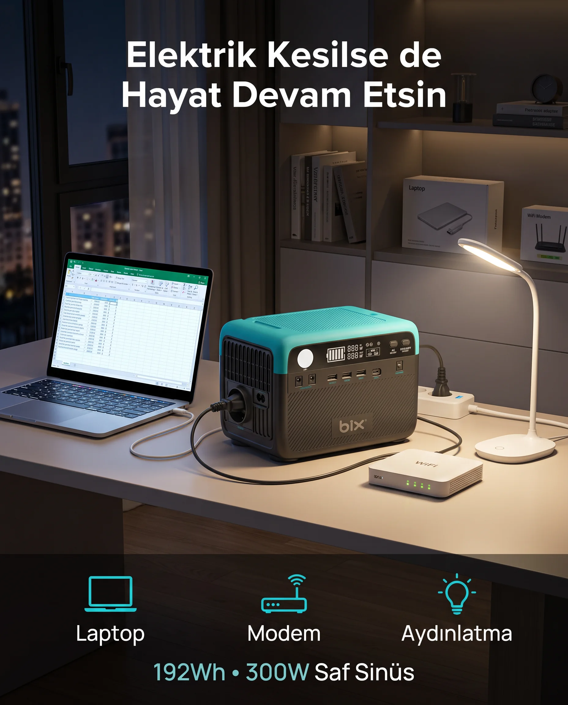 Bix PS60K 192Wh 300W LiFePO4 Saf Sinüs Taşınabilir Güç İstasyonu