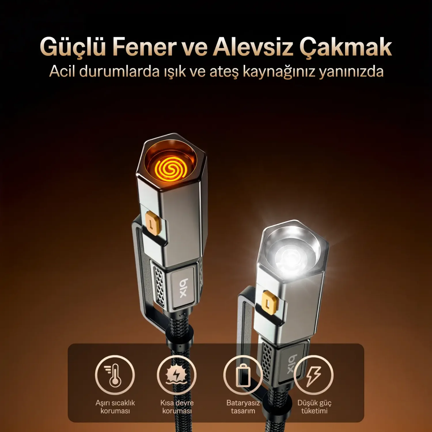Bix T2IN1C 240W Type-C to Type-C LED Fenerli ve Alevsiz Çakmaklı Şarj Data Kablosu 1.2 m Siyah