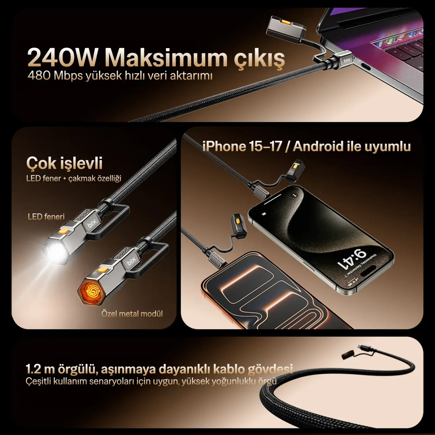 Bix T2IN1C 240W Type-C to Type-C LED Fenerli ve Alevsiz Çakmaklı Şarj Data Kablosu 1.2 m Siyah