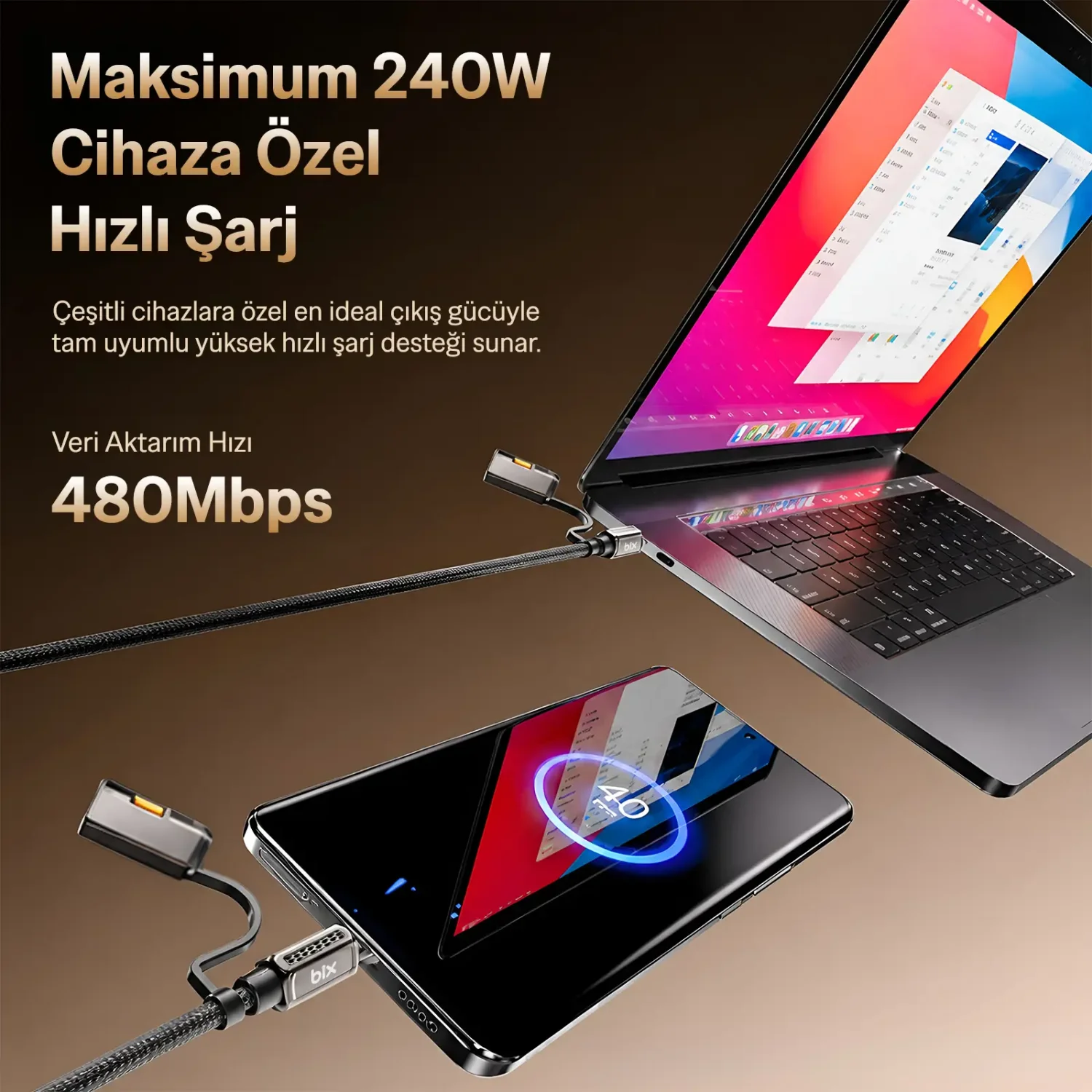 Bix T2IN1C 240W Type-C to Type-C LED Fenerli ve Alevsiz Çakmaklı Şarj Data Kablosu 1.2 m Siyah