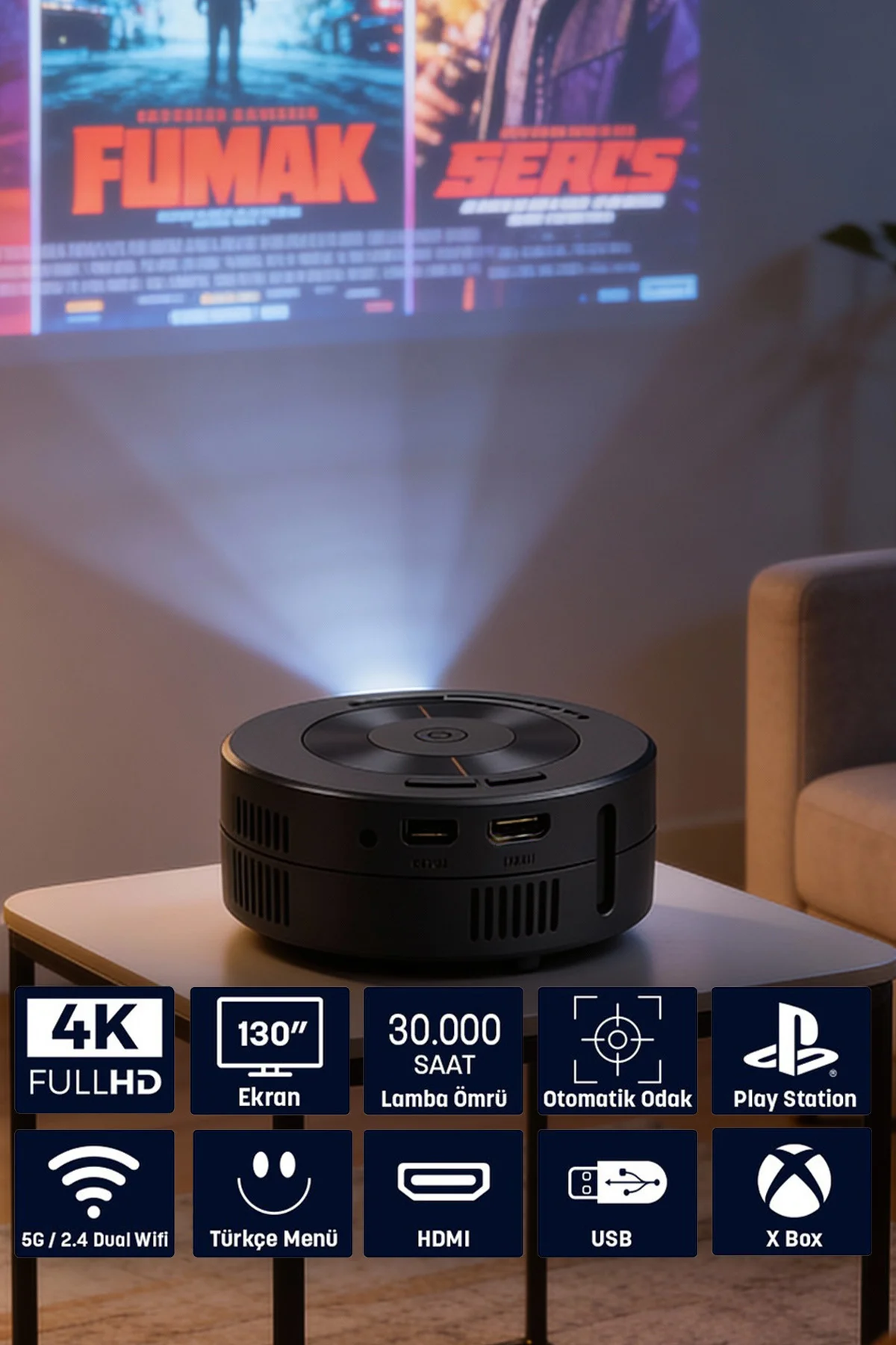 Jeero Mini Ev Sinema Projeksiyon Cihazı – Taşınabilir, Türkçe Menü