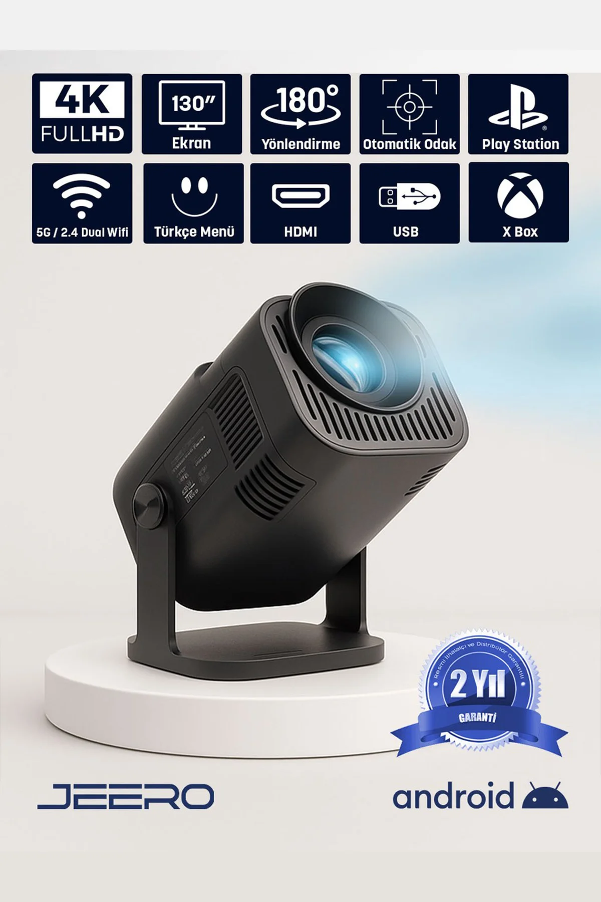 Jeero Oyunlu Projeksiyon Cihazı – 2 Kollu, 20.000 Oyun, Android, Türkçe Menü