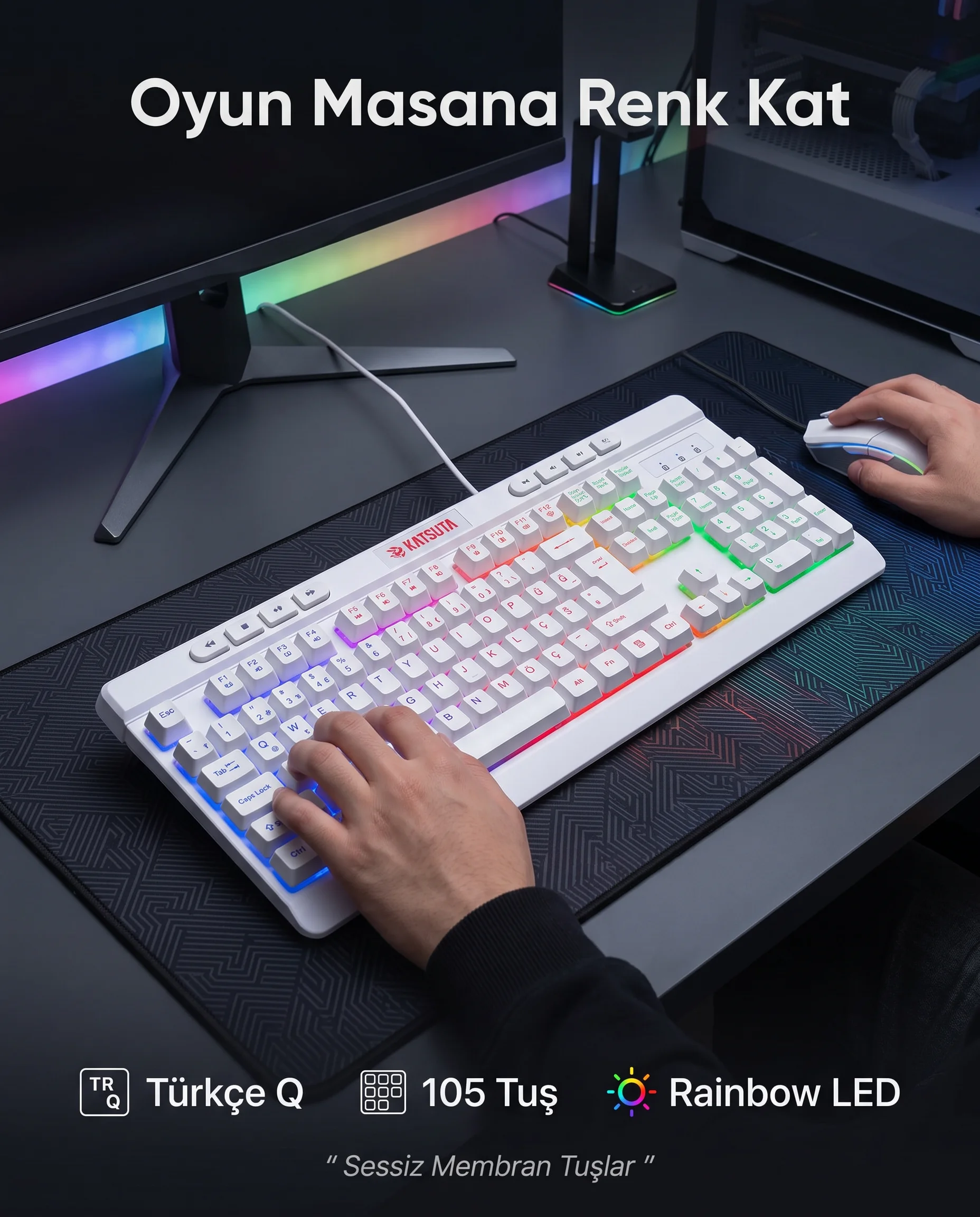 Katsuta KST12 105 Tuş Rainbow LED Türkçe Q Membran Kablolu Gaming Klavye Beyaz