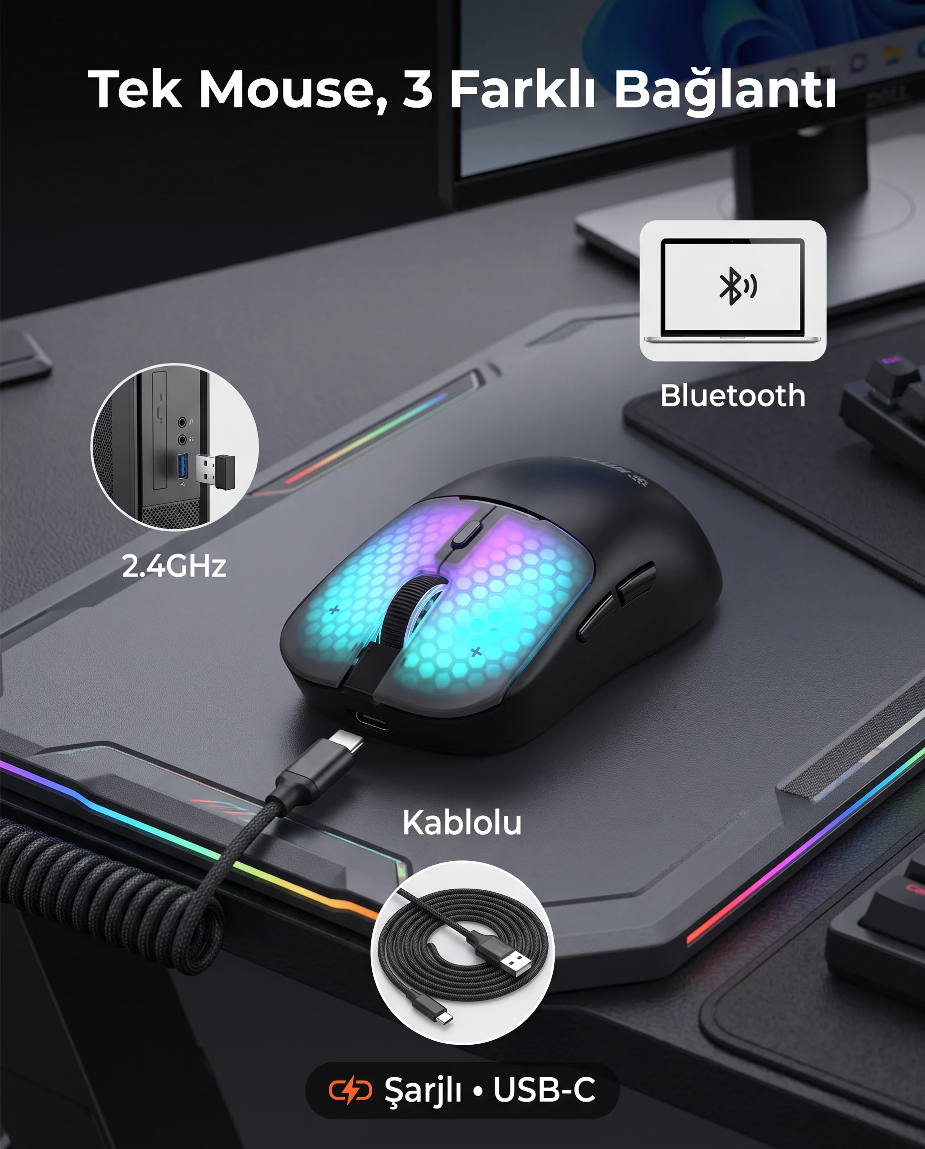 Katsuta KST14 12.800 DPI RGB Makrolu Triple Mode Şarjlı Gaming Mouse