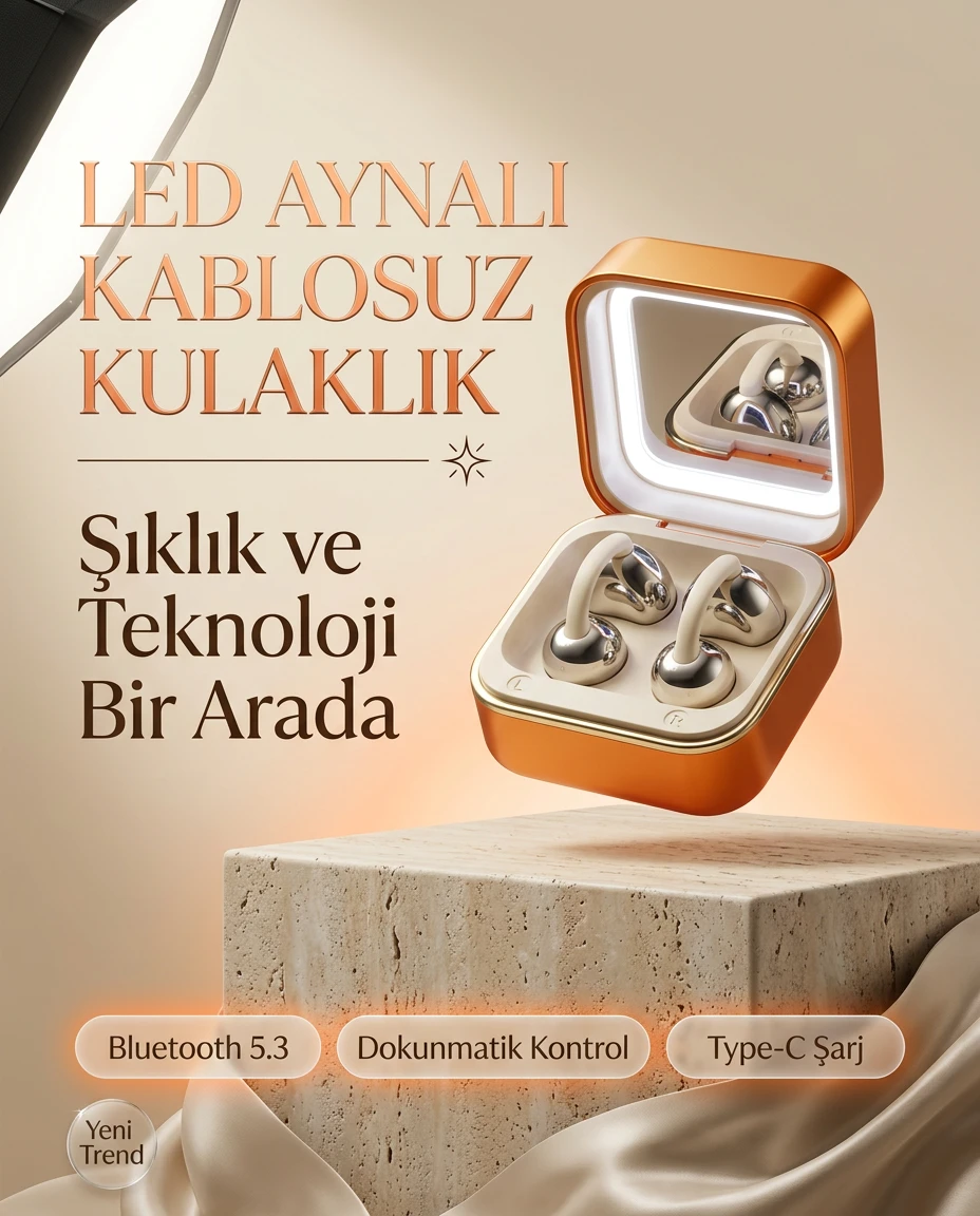 LED Aynalı Kulaktan Düşmeyen Klipsli Kablosuz Bluetooth Kulaklık