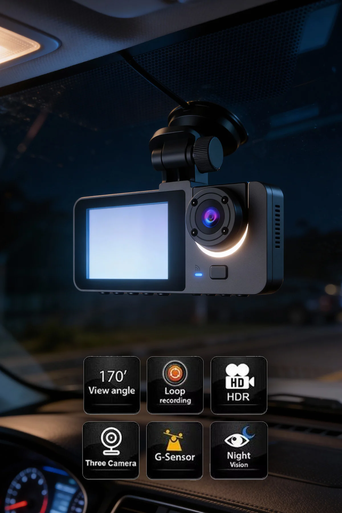 Uyguntech Y15 FHD 1080P Ön + Arka + Araç İçi Araç Kamerası