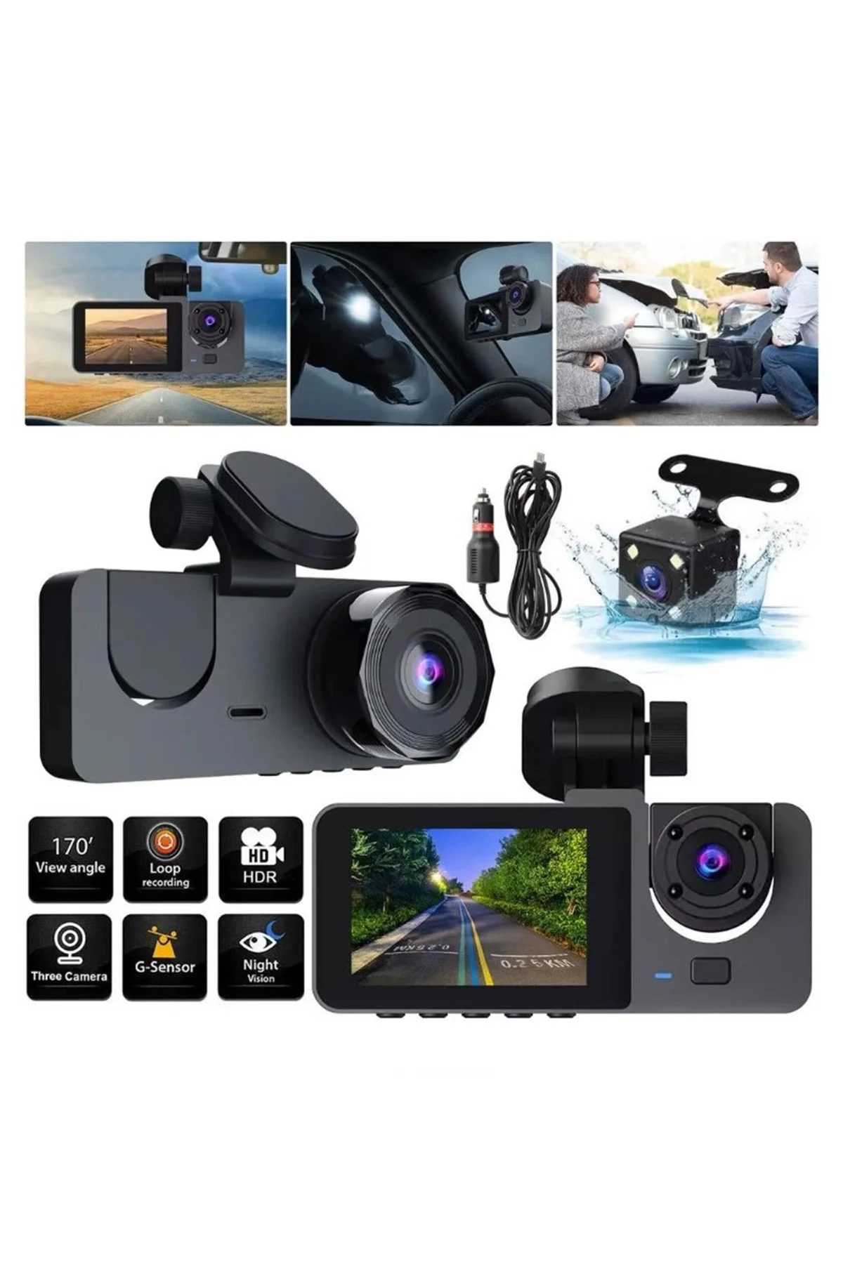 Uyguntech Y15 FHD 1080P Ön + Arka + Araç İçi Araç Kamerası